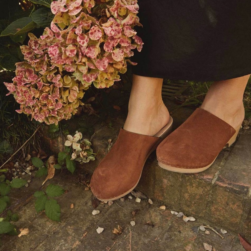 DOEN Cognac Brown Suede Leather Anouk Style Mule Clogs Size 40